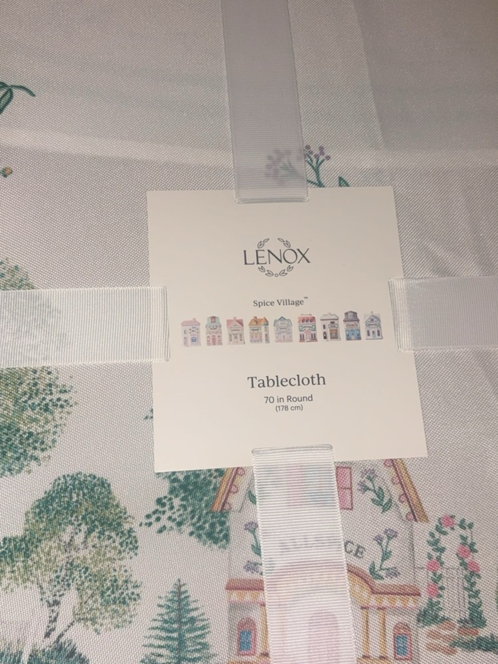 Lenox White Tablecloth with Pastel Village and Green Trees